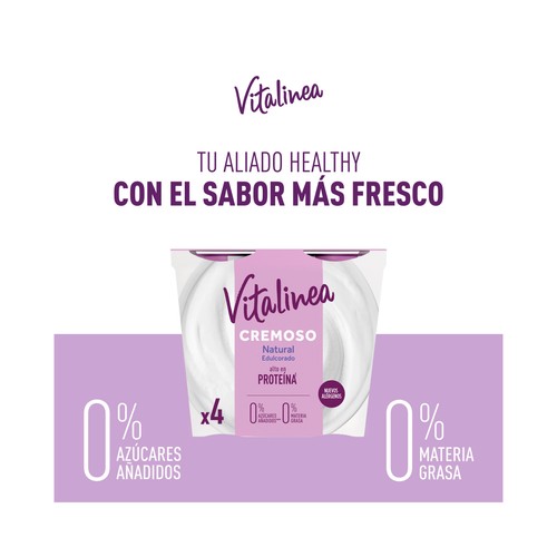 VITALINEA Yogur desnatado 0% materia grasa textura cremosa, natural edulcorado  Cremoso 0% de Danone 4 x 120 g.
