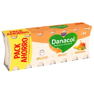DANACOL de Danone Leche fermentada desnatada con edulcorantes, esteroles vegetales añadidos y sabor tropical 14 x 96 ml.