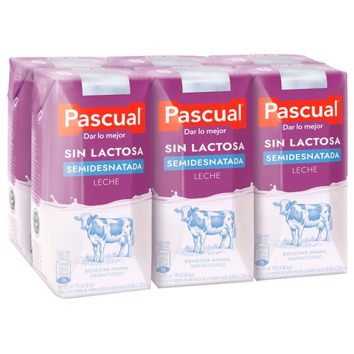PASCUAL Leche de vaca semidesnatada sin lactosa 6 x 200 ml.