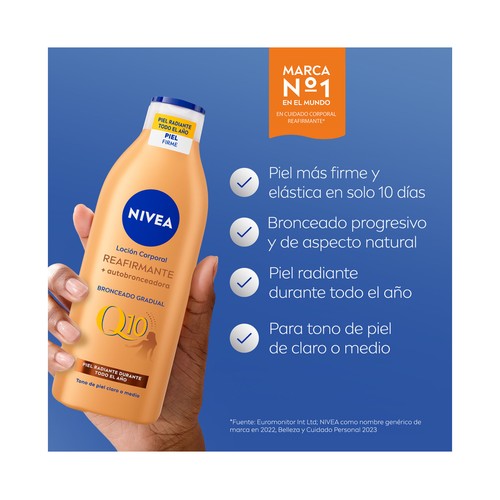 NIVEA Q10 Loción corporal reafirmante y autobronceadora, para tonos de piel claro o medio 400 ml.