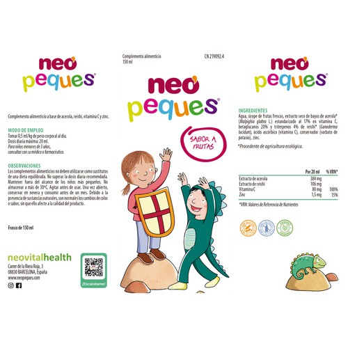 NEO PEQUES Inmuno+ Complemento alimenticio sabor a frutas, para el refuerzo del sistema inmunitario 150 ml.