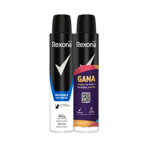REXONA Men invisible ice Desodorante en spray para hombre, sin alcohol y con protección anti manchas 2 x 200 ml.