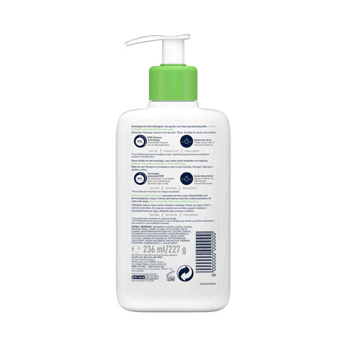 CERAVE Loción limpiadora hidratante sin perfume, para pieles normales a seca 236 ml.
