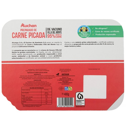 ALCAMPO CULTIVAMOS LO BUENO Preparado de carne picada de vacuno Villa del Monte  400 g.