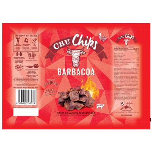 Snack crujiente de vacuno deshidratado, no frito, con sabor a barbacoa CRUCHIPS 25 g.