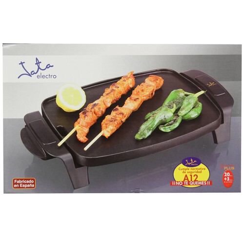 Plancha de asar JATA GR205, 1000W, superficie 28 x 22 centímetros, termostato regulable extraible, asas de toque frío.