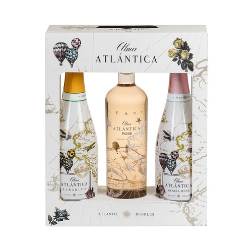 ALMA ATLÁNTICA  Estuche con vino blanco espumos albariño, vino rosado espumoso (Méncía) y vino rosado.