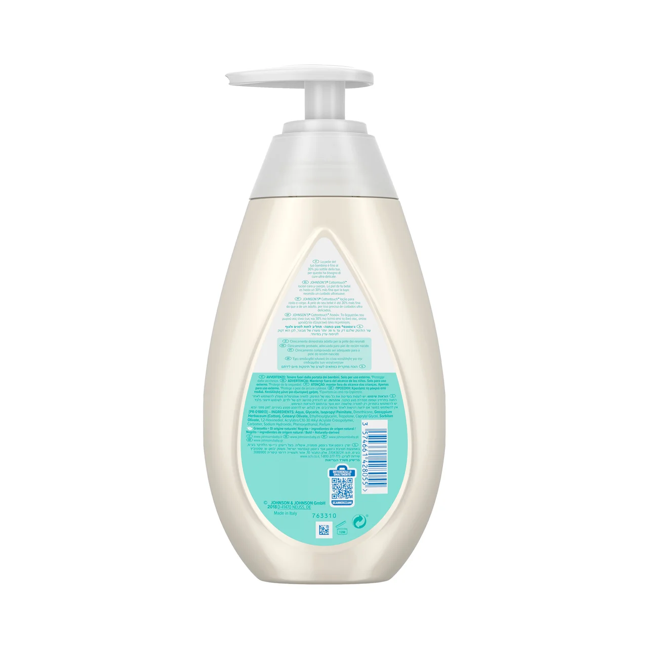 JOHNSON´S Cotton touch Loción hidratante corporal y facial con algodón, para bebés recién nacidos 500 ml.