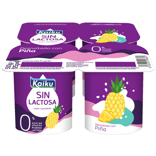 Yogur desnatado 0% materia grasa, sin lactosa ni azúcares añadidos, con piña KAIKU Sin lactosa 4 x 125 g.