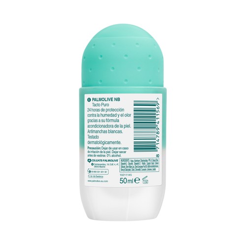 PALMOLIVE Desodorante roll on para mujer con acción antitranspirante 24h y anti manchas blancas PALMOLIVE Tacto puro 50 ml.