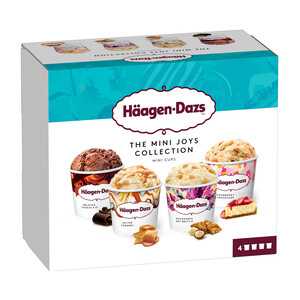 HÄAGEN-DAZS Mini tarrinas de helado de chocolate belga, caramelo salado, nueces de Macadamia y cheesecake con fresa HÄAGEN-DAZS The mini joys collection 4 x 95 ml.