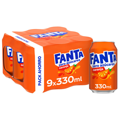 FANTA Refresco de naranja sin azúcares añadidos pack de 9 latas de 33 cl.