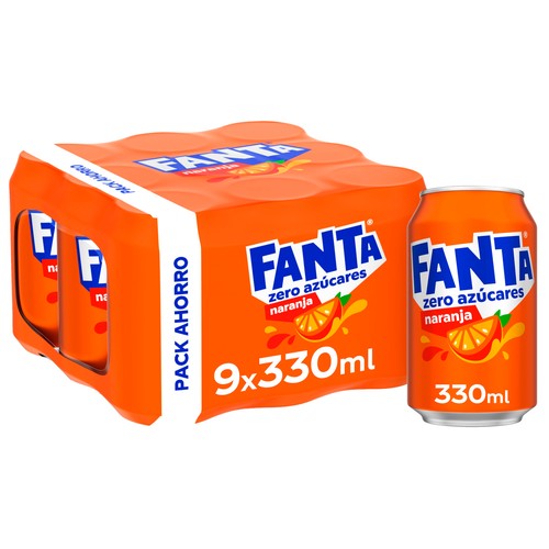 FANTA Refresco de naranja sin azúcares añadidos pack de 9 latas de 33 cl.