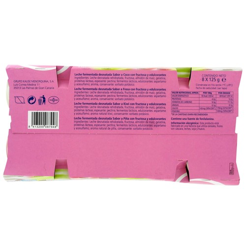 KALISE Yogures desnatados con sabores variados (2 de fresa, 2 de piña, 2 de kiwi y 2 de coco)  8 uds de 125 gr.