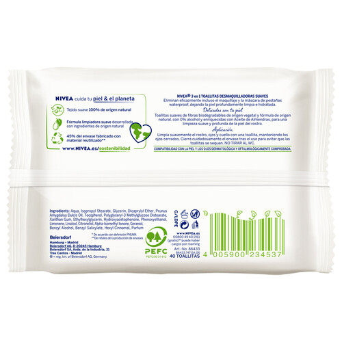 NIVEA Toallitas desmaquilladoras biodegradables, para piel seca o sensible 25 uds.