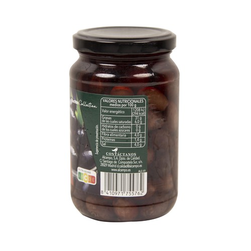 ALCAMPO GOURMET Frasco de aceitunas negras naturales de Aragón con hueso 200 g.