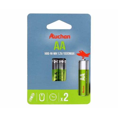 Pack de 2 pilas recargables AA, Ni-MH, HR06, PRODUCTO ALCAMPO, 1500 mAh.