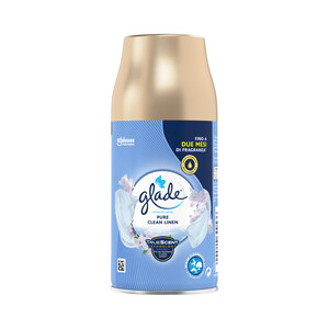 Imagen de GLADE Pure clean linen Recambio de ambientador automático en spray con fragancia infusionada con aceites esenciales 269 ml.