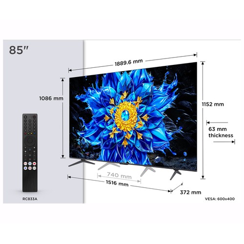 Televisión 215,9 cm (85") QD MINILED TCL 85P8L, 4K, Google TV, Dolby vision /atmos, 4 HDMI, USB, 144Hz