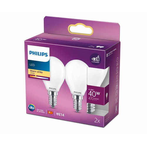 Pack 2 bombillas Led E14, 4,3W=40W, luz cálida 2700K, 470lm, PHILIPS