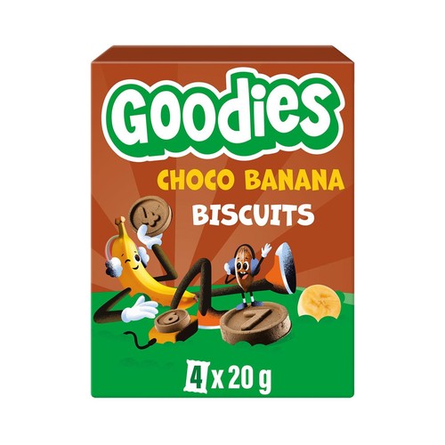 GOODIES Galletas infantiles con cacao, sabor plátano, a partir de 9 meses 4 x 20 g.