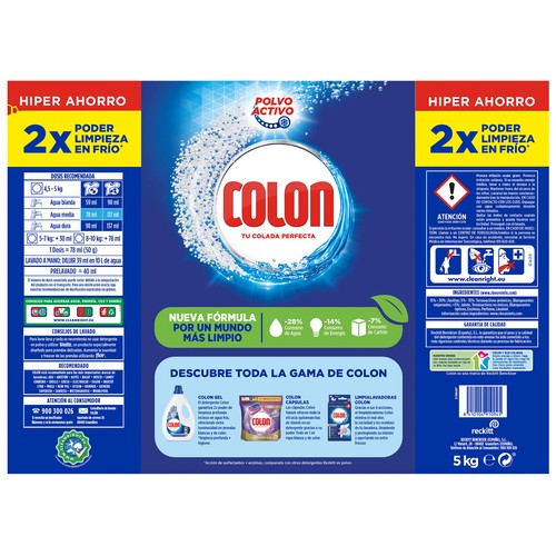 COLON Detergente en polvo, para ropa blanca y de color, 100 lavados.