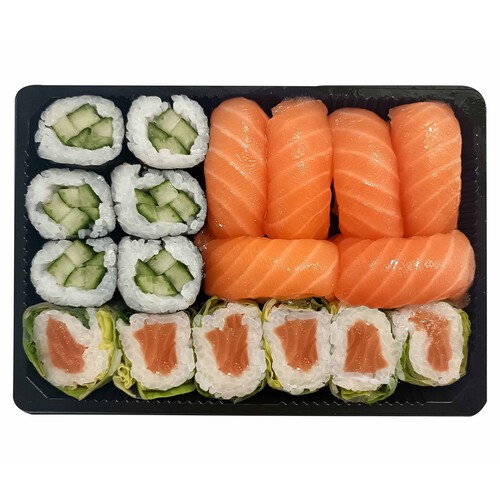 Bandeja 6 sushi salmón, 6 maki pepino y 6 cristal salmón SUSHI GOURMET 18 uds.