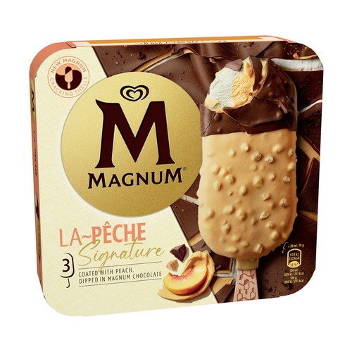 MAGNUM La pêche signature Helado de pomelo y melocotón bañado en chocolate con leche 3 x 90 ml.