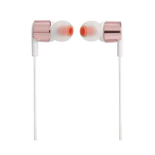 Auriculares tipo intrauditivo JBL T210 con micrófono, color blanco/oro.
