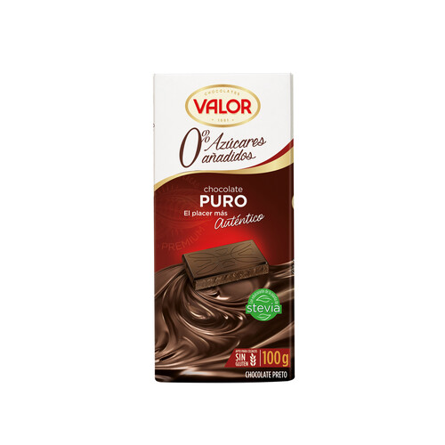 VALOR Chocolate puro, 52 % cacao. 0 % azúcares añadidos 100 g.