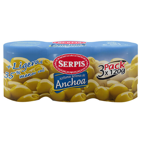 SERPIS Aceitunas rellenas de anchoas más ligeras, 35% menos de sal SERPIS 3 x 120 gr