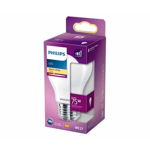 Bombilla Led E27, 8,5W=75W, luz cálida 2700K, 1055lm, PHILIPS.