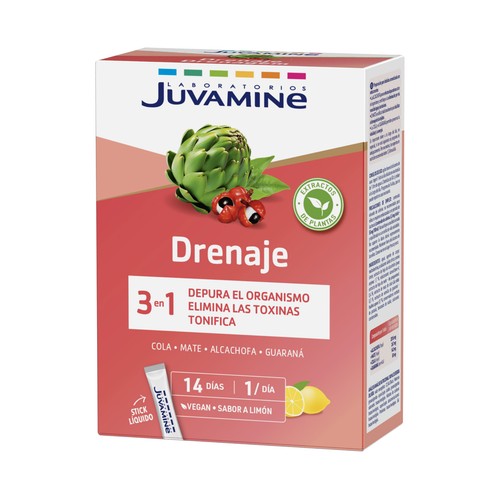 JUVAMINE Drenaje Cola de caballo, mate, alcachofa y guaraná sabor limón 14 uds.