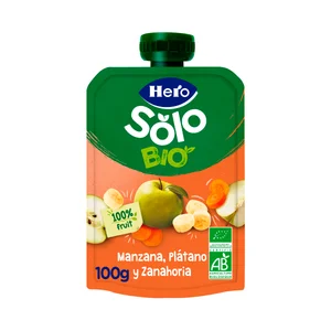HERO Solo Bio Bolsita de frutas y hortalizas (manzana, plátano y zanahoria) ecológicas, a partir de 4 meses 100 g.
