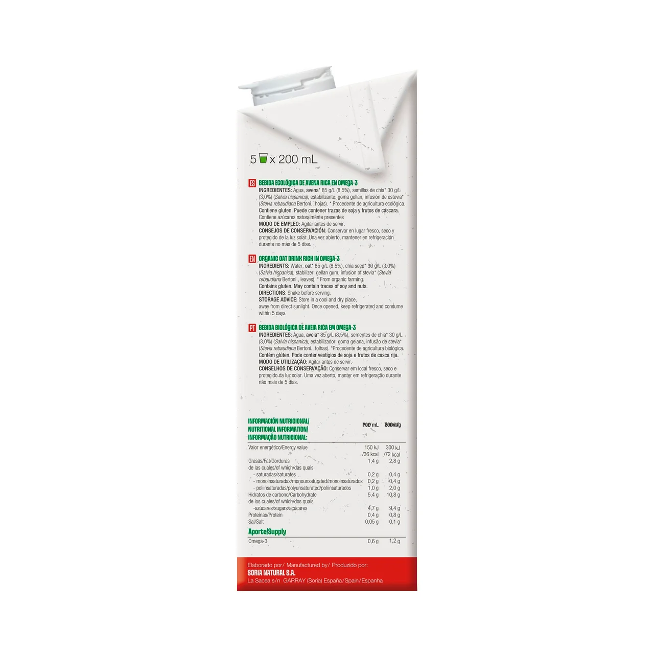 SORIA NATURAL Colesterol Bebida vegetal de avena ecológica rica en Omega 3 1 l