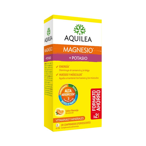 Magnesio + potasio en comprimidos efervescentes, sin azucar y con sabor a naranja AQUILEA 28 uds.