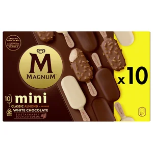 MAGNUM Helado de vainilla con coberturas de diferentes chocolates mini de frigo 10 x 60 ml.