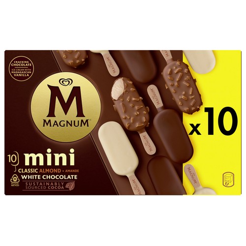 MAGNUM Helado de vainilla con coberturas de diferentes chocolates mini de frigo 10 x 60 ml.
