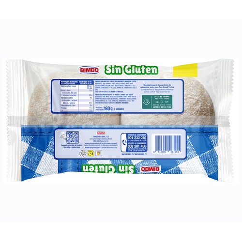 BIMBO Pan de hamburguesa rústico sin gluten 160 g.