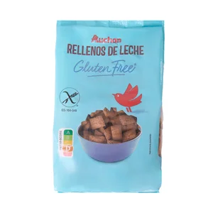 PRODUCTO ALCAMPO Cereales de desayuno, de maíz y arroz rellenos de leche, sin gluten 400 g.