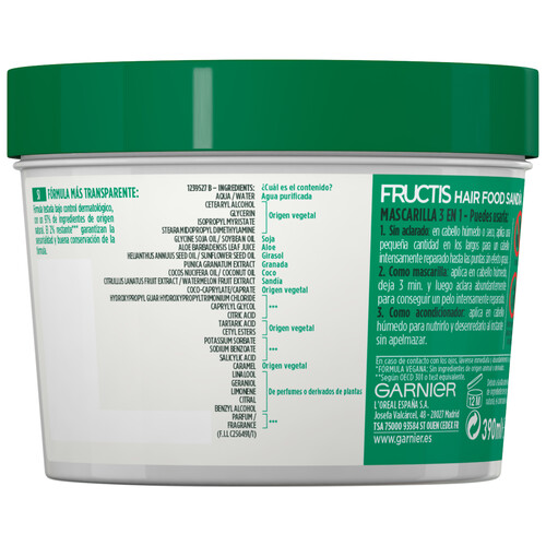 FRUCTIS Mascarilla intensiva 3 en 1 con acción revitalizante, para cabellos apagados y sin vida FRUCTIS Hair food de Garnier 390 ml.
