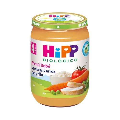 HIPP Biológico Tarrito de verduras y arroz con pollo ecológico, a partir de 4 meses 190 g.