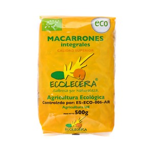 ECOLECERA Pasta macarrones integrales de calidad superior, ecológicos 500 g.