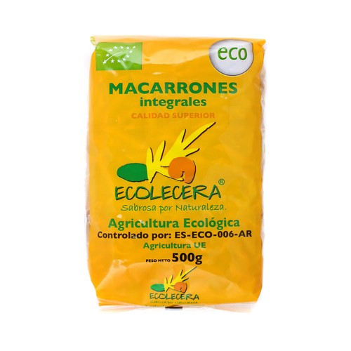 Pasta macarrones ecológicos, pasta compuesta integral de calidad superior ECOLECERA 500 g.