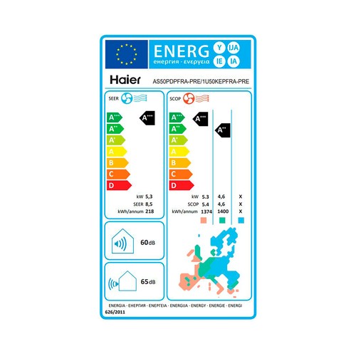 Aire acondicionado Split con bomba de calor HAIER AS50PDPHRA Perla Premium 50, 4.300 frigh/h A+++/A+++. gas R32.