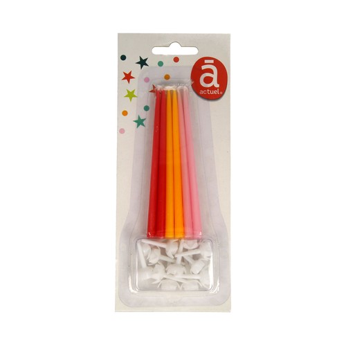 Pack de 12 velas finas de cumpleaños color rojo, naranja y rosa con soporte, ACTUEL.