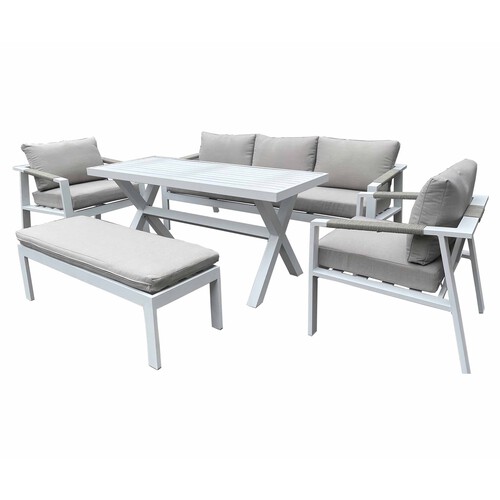 Conjunto 5 piezas con sofá, sillones, mesa y banco de aluminio, Monza KACTUS REPUBLIC.