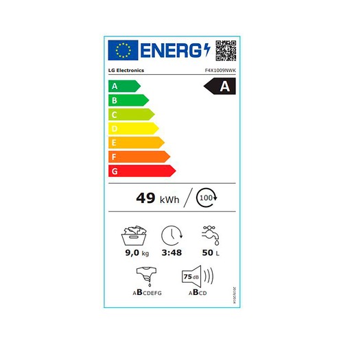 Lavadora LG F4X1009NWK Blanca, capacidad de carga: 9KG, clasificación energética: A, 1400RPM, H: 85cm, A: 60cm, F: 55cm.