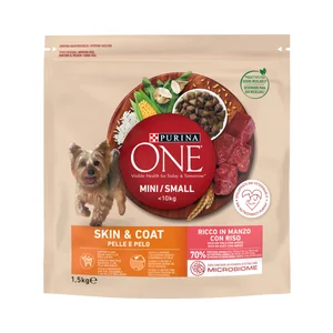 PURINA ONE Mini Comida para perros adultos de raza pequeña rico en buey con arroz 1,5 kg.