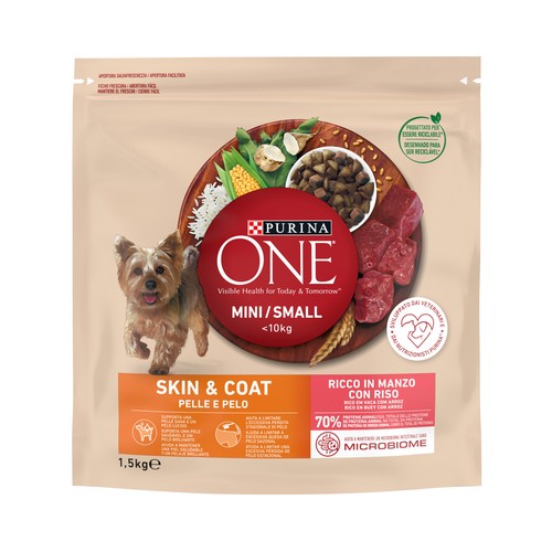 PURINA ONE Mini Comida para perros adultos de raza pequeña rico en buey con arroz 1,5 kg.